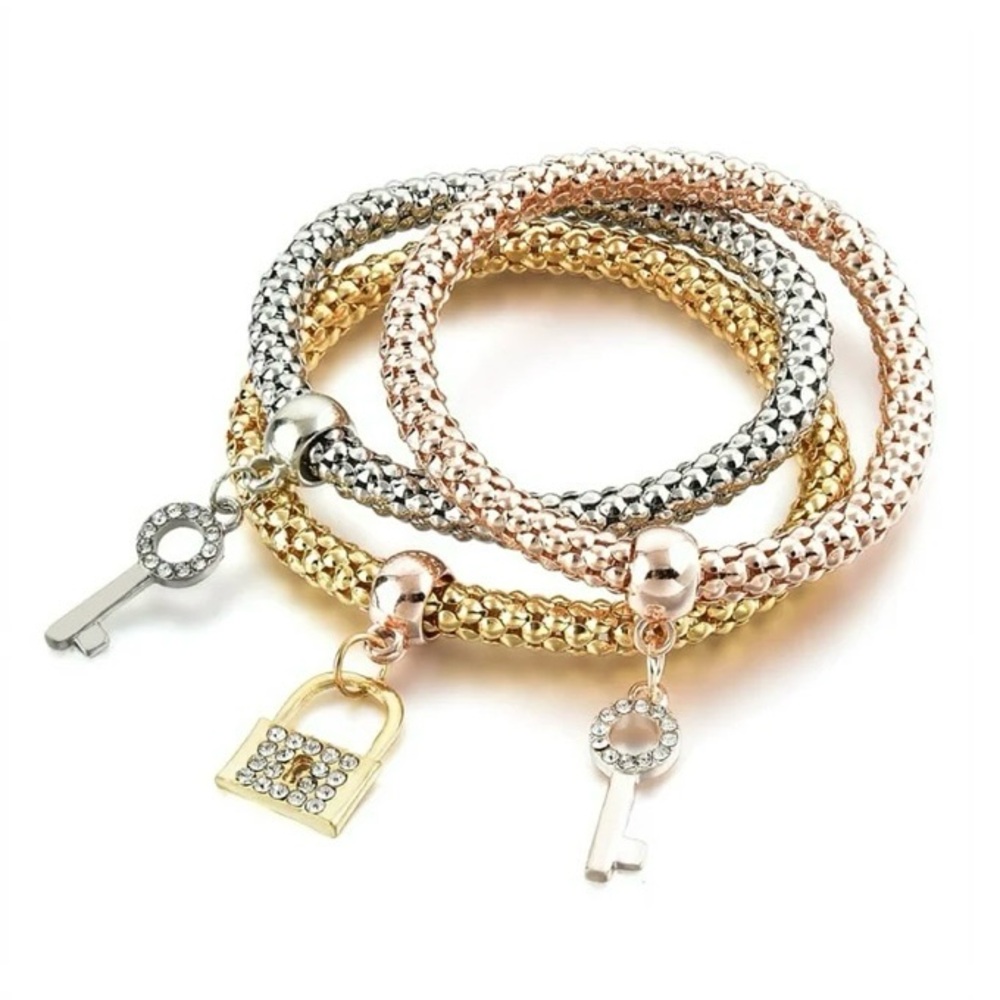 Stackable Lock & Key Charm Bracelet Set (3 Piece) - NIP